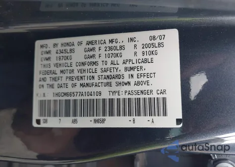 2007 Honda Accord 3.0 Ex из США, поврежденный, VIN 1HGCM66577A104109